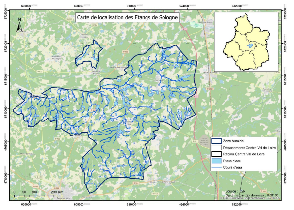 Localisation des étangs de Sologne