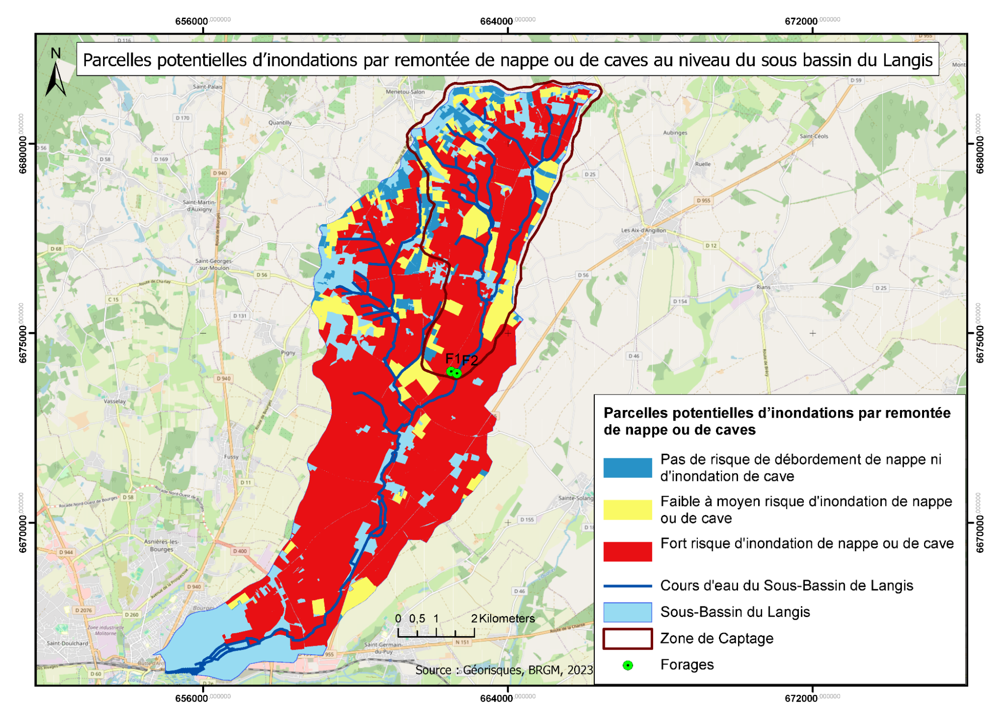 Parcelles potentielles d'inondations par remontée de nappe ou de caves au niveau du Sous bassin du Langis
