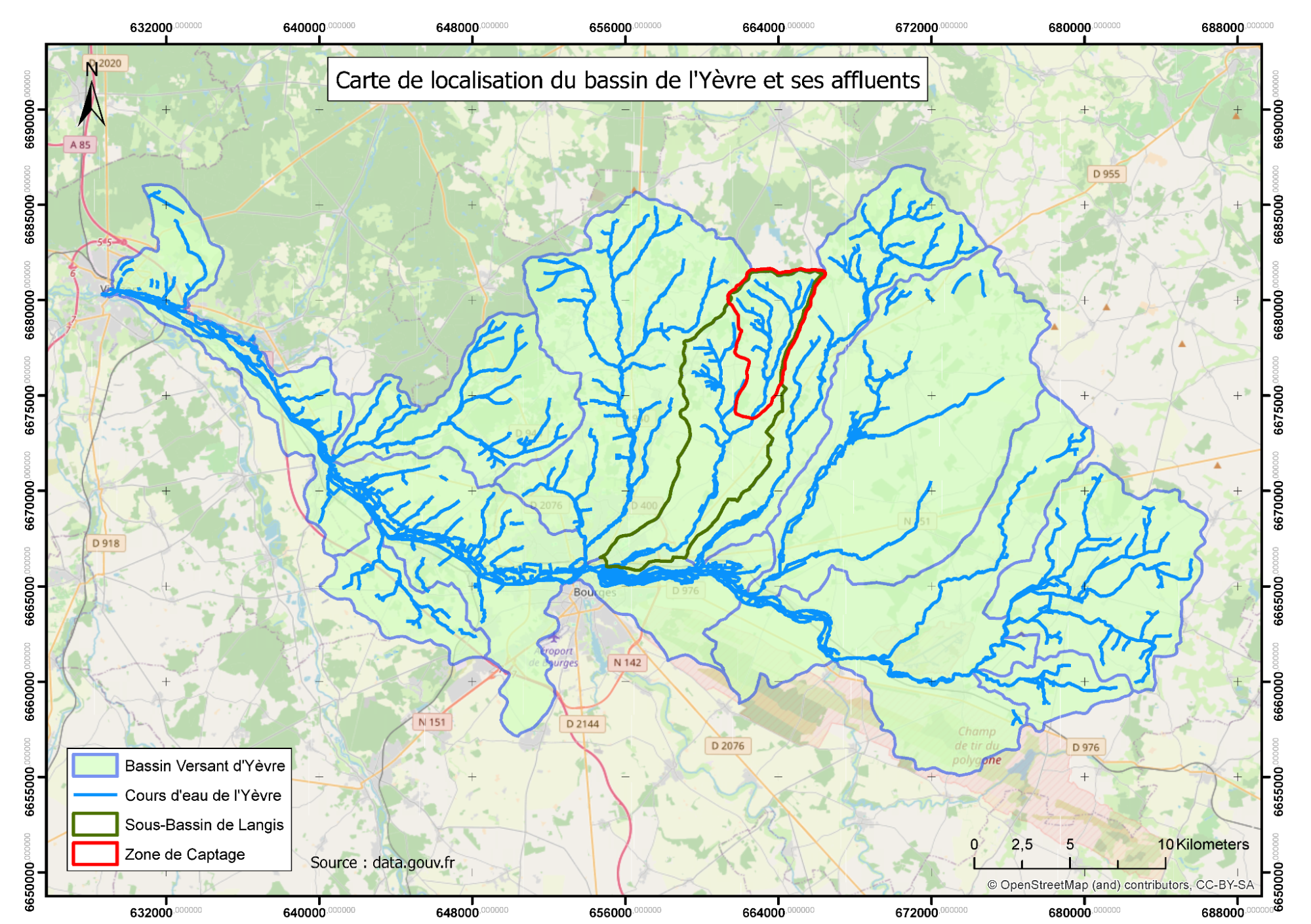 Carte de localisation du BV de l'Yèvre et ses affluents