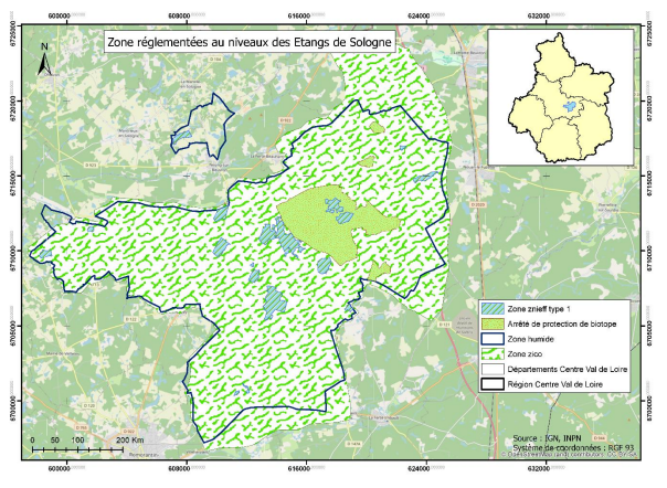 Zones réglementaires au niveau des étangs de Sologne