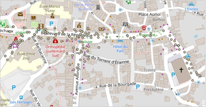 Résultats de récupération des objets du mobilier urbain depuis Mapillary via le plugin